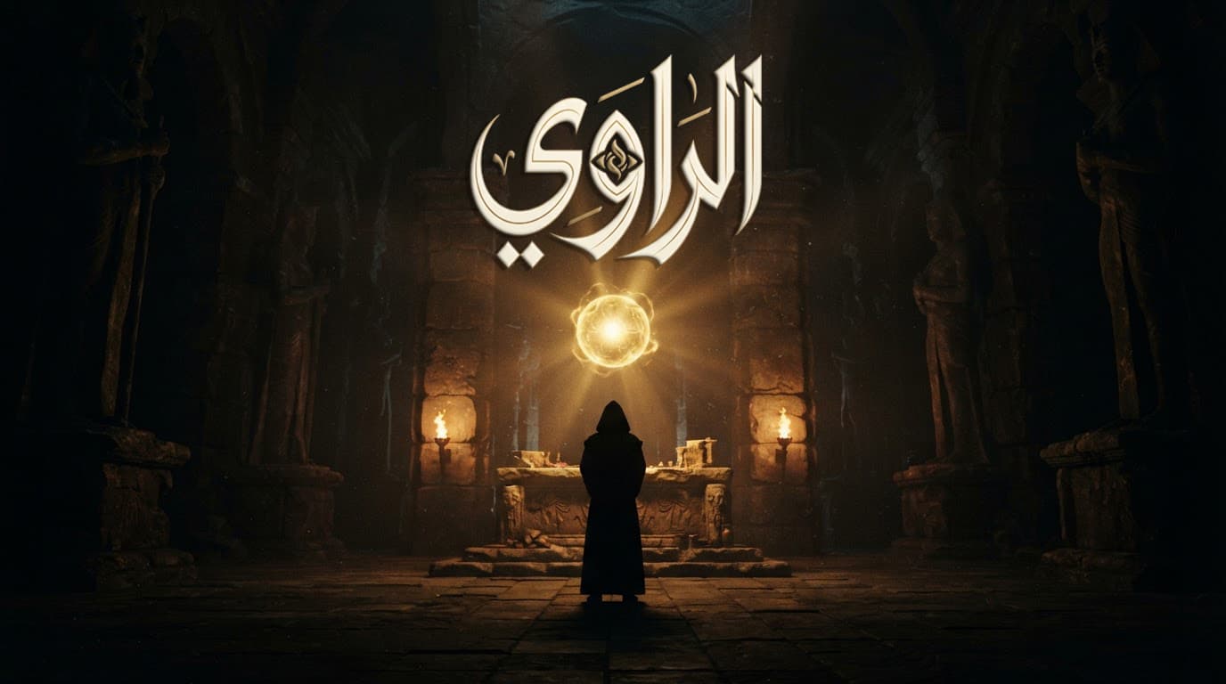 شخص يقف أمام مذبح حجري داخل معبد قديم تحت ضوء ذهبي