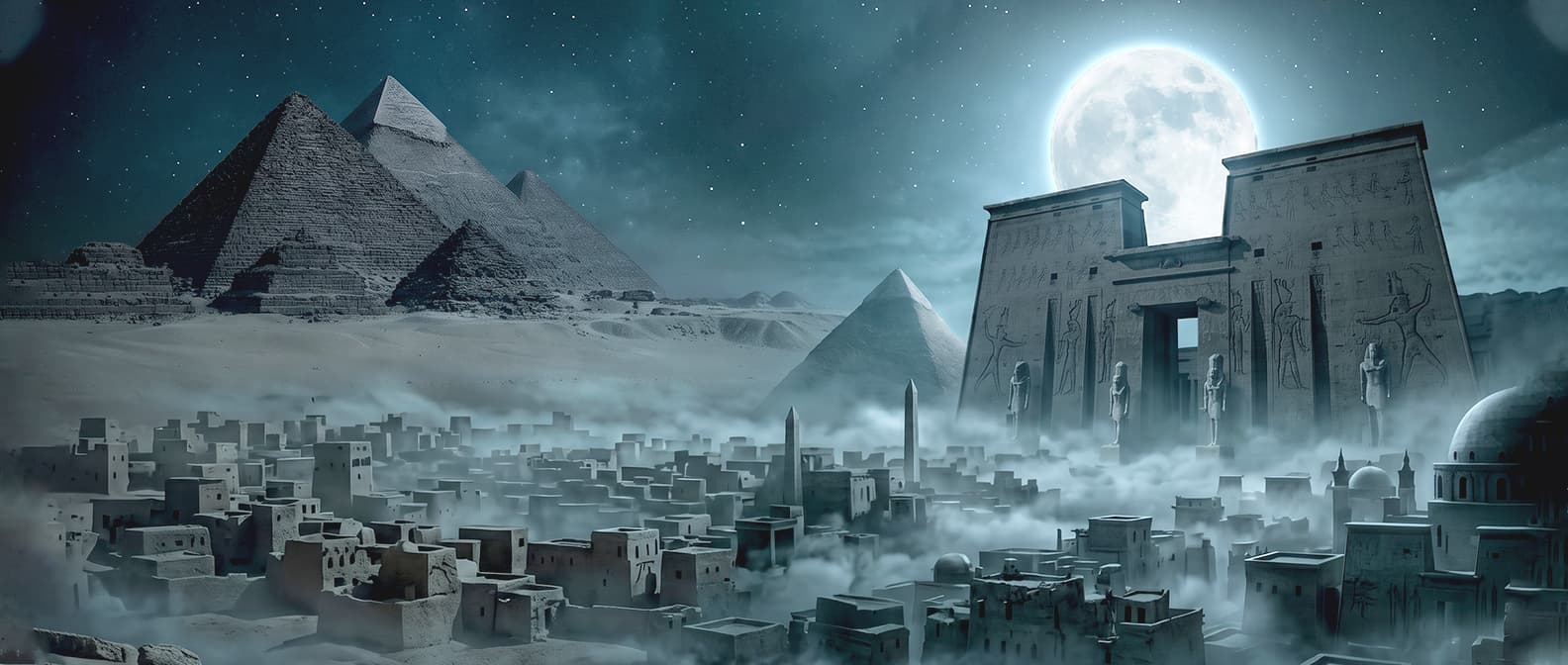 أطلال مدينة قديمة وأهرامات وبوابة معبد فرعوني تحت ضوء القمر